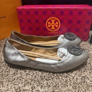 Tory Burch Gunmetal Liana Metallic Ballet Flat